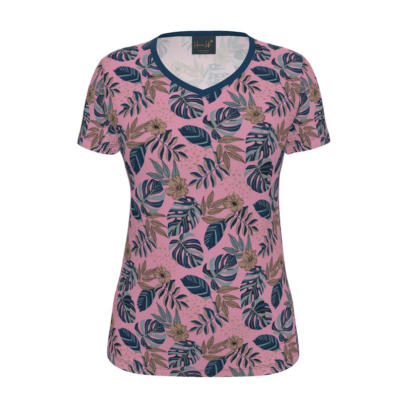 Women's Athletic V-Neck T-Shirt — Midnight Monstera Lunaria Rose