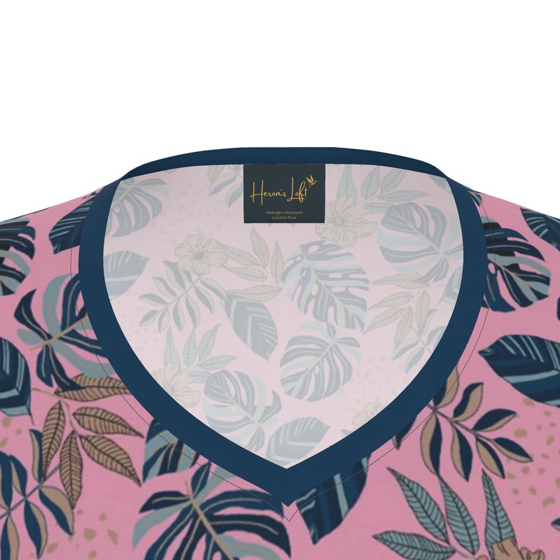 Women's Athletic V-Neck T-Shirt — Midnight Monstera Lunaria Rose