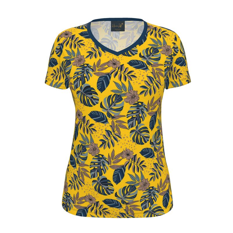 Women's Athletic V-Neck T-Shirt — Midnight Monstera Honey Gold