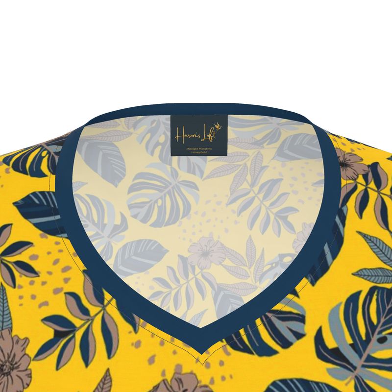 Women's Athletic V-Neck T-Shirt — Midnight Monstera Honey Gold
