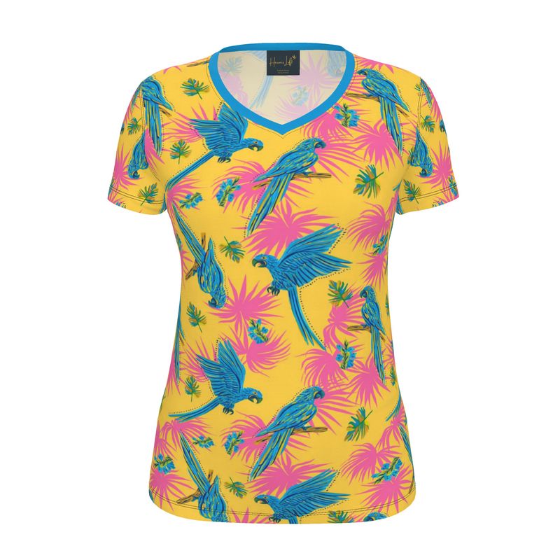 Women's Athletic V-Neck T-Shirt — Tropical Macaw Sunny Fuchsia