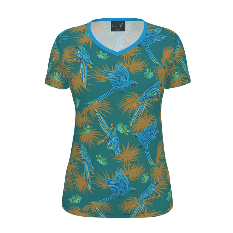 Women's Athletic V-Neck T-Shirt — Tropical Macaw Palm Teal