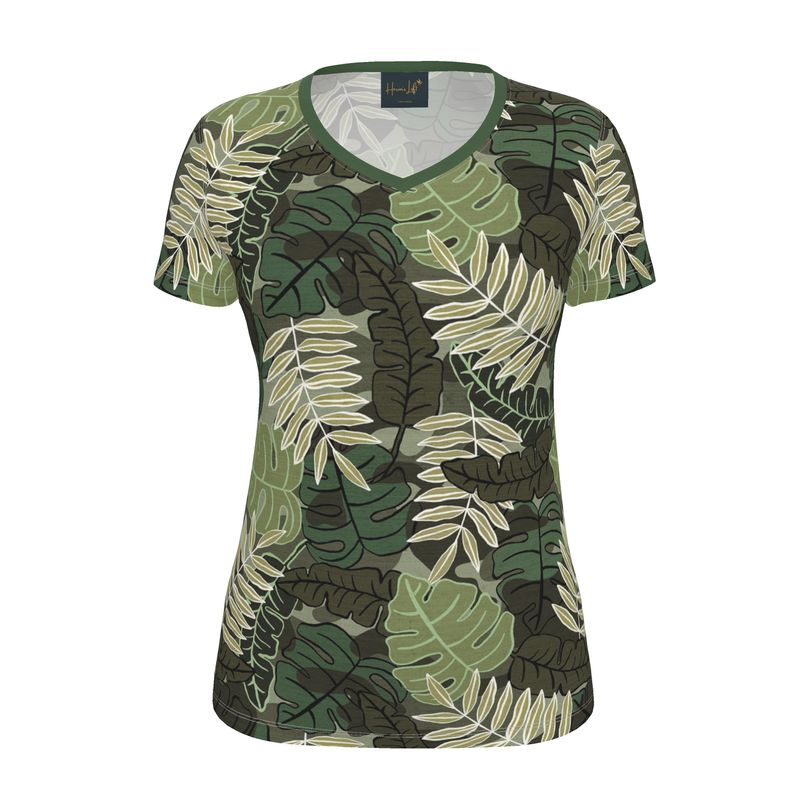 Women's Athletic V-Neck T-Shirt — Camo Leaves