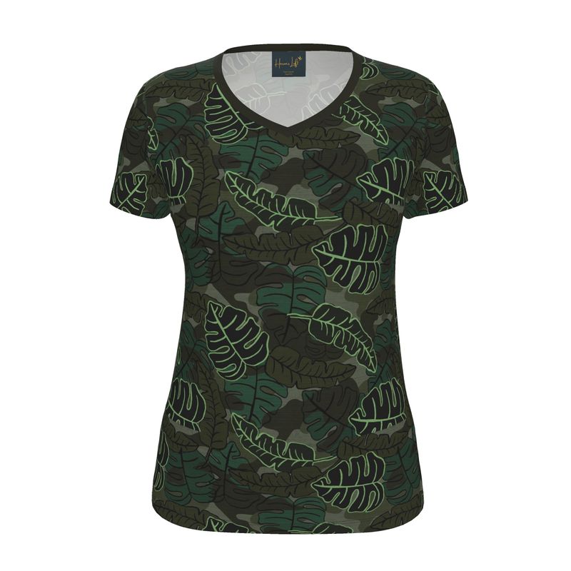Women's Athletic V-Neck T-Shirt — Camo Leaves Sage Noir