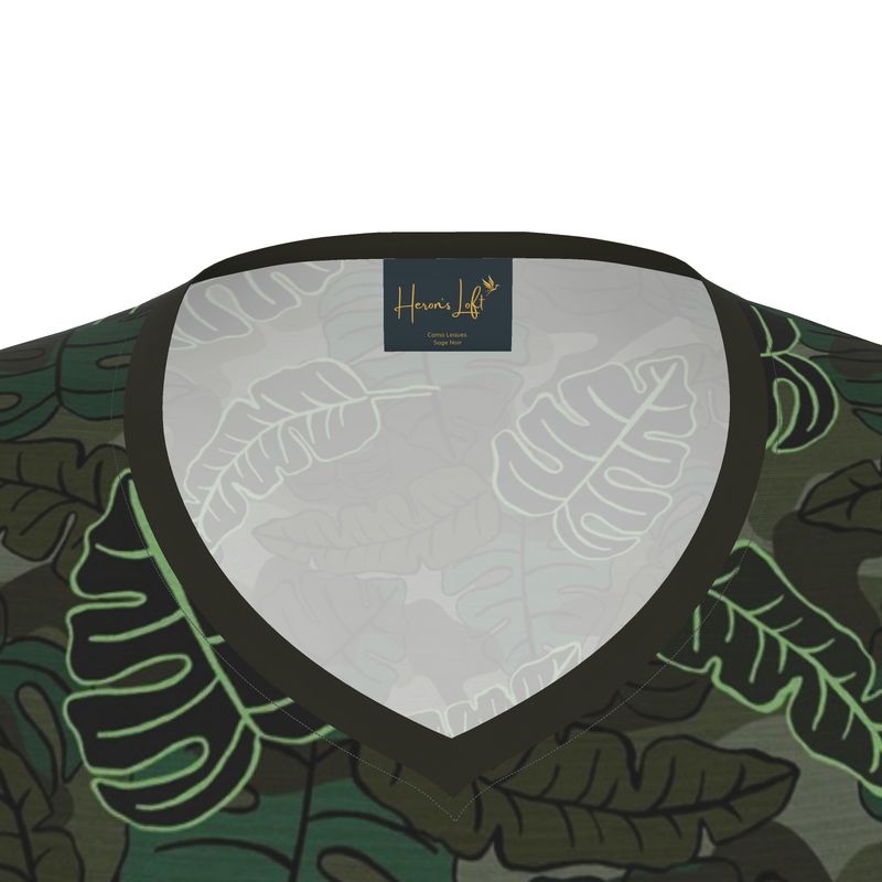 Women's Athletic V-Neck T-Shirt — Camo Leaves Sage Noir