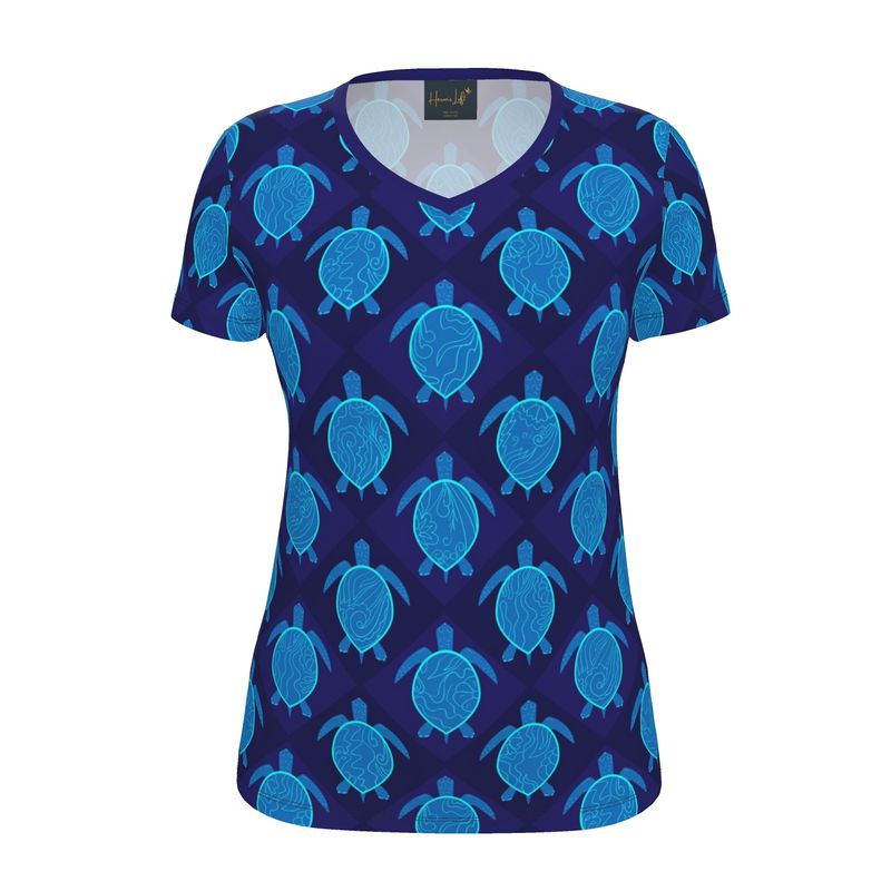 Women's Athletic V-Neck T-Shirt — Topo Turtles Cobalt Tide