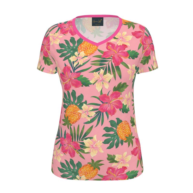 Women's Athletic V-Neck T-Shirt — Pineapple Paradise Hibiscus Blush