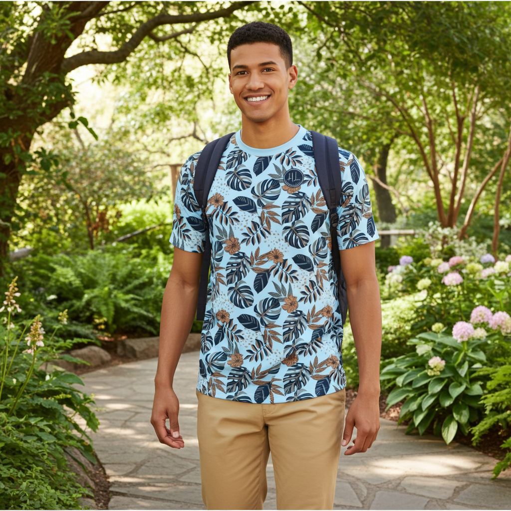 Men's Athletic Crew Neck T-Shirt - Midnight Monstera - Blue Mist