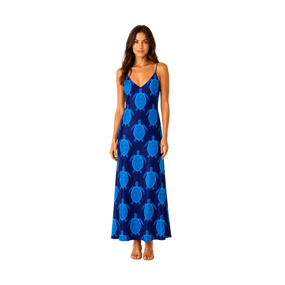 Women's Silk Evening Slip Dress — Topo Turtles Cobalt Tide – Heron's Loft®