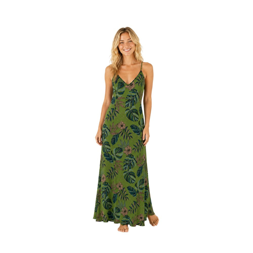 Women’s Silk Evening Slip Dress — Midnight Monstera Olive Velour