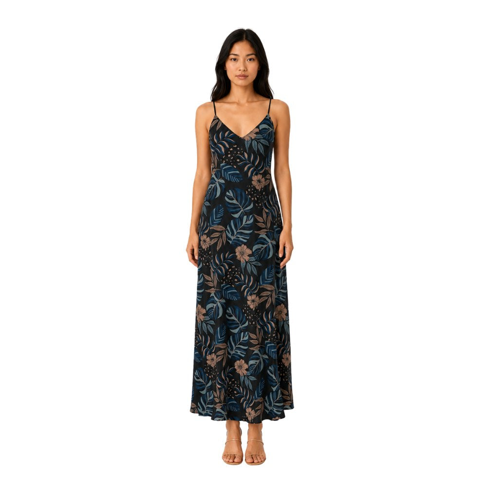 Women’s Silk Evening Slip Dress — Midnight Monstera