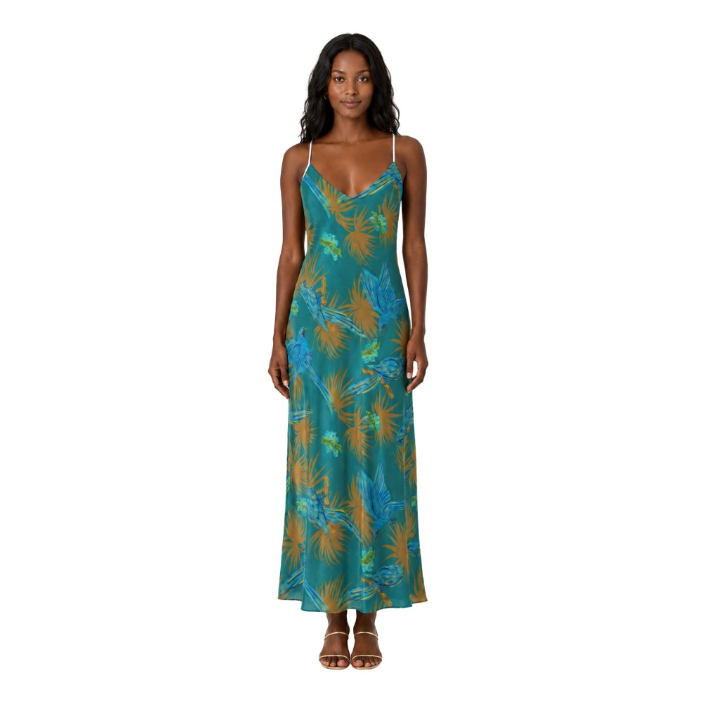Women's Silk Evening Slip Dress — Tropical Macaw Palm Teal – Heron's Loft®
