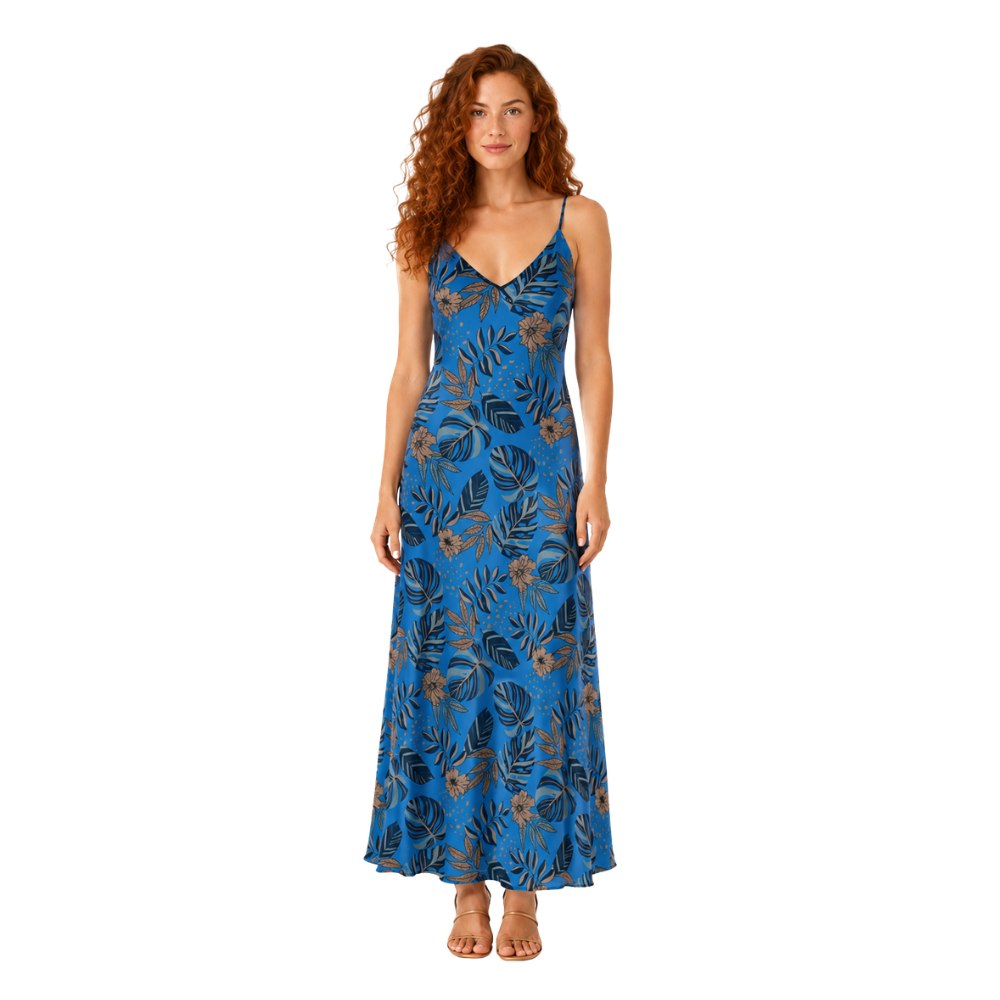 Women’s Silk Evening Slip Dress — Midnight Monstera Azure Blue
