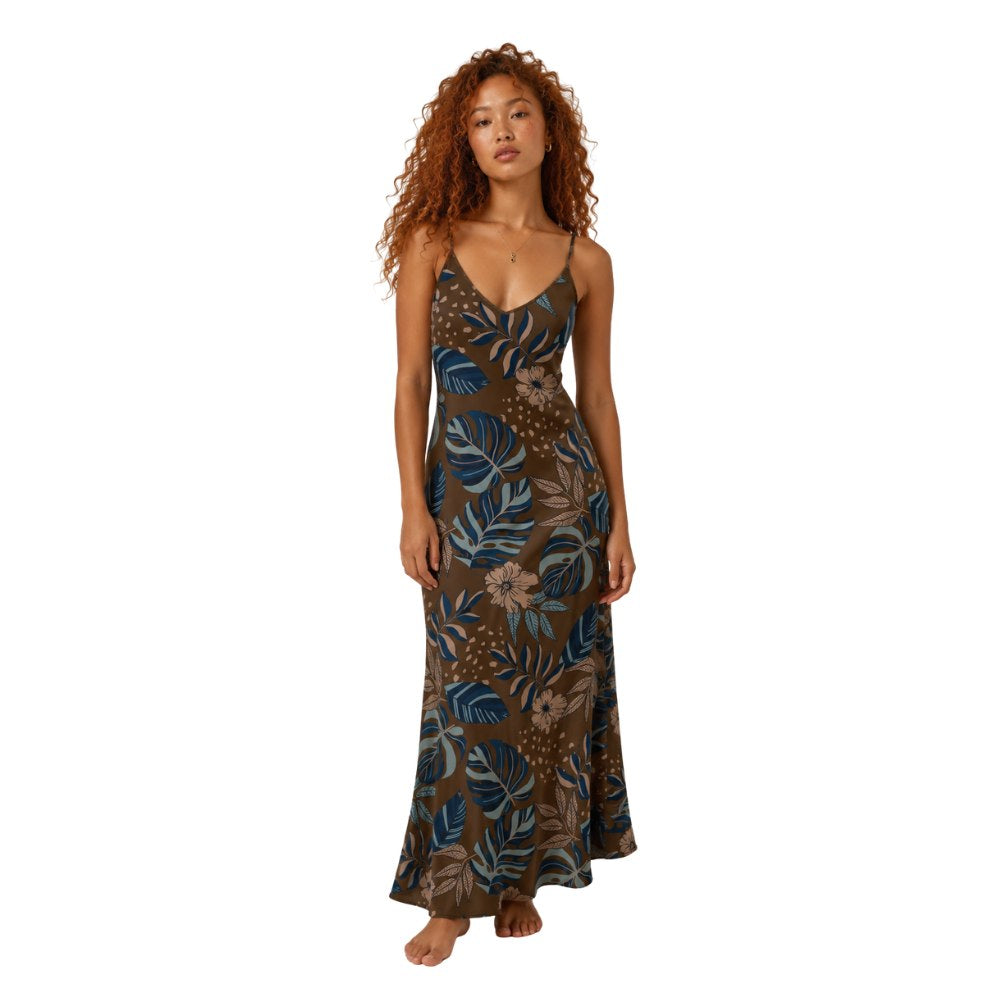 Women’s Silk Evening Slip Dress — Midnight Monstera Roasted Teak