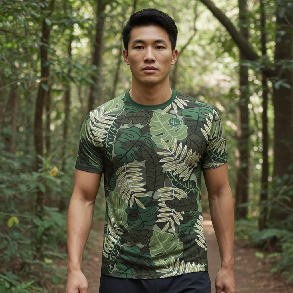 Men's Athletic Crew Neck T-Shirt - Camo Leaves - Sage Green