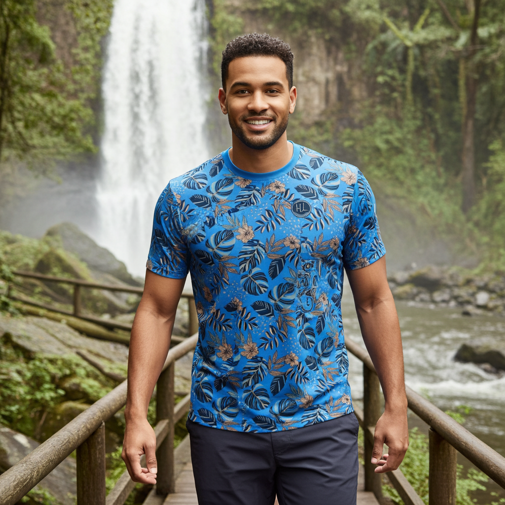 Men's Athletic Crew Neck T-Shirt - Midnight Monstera - Azure Blue